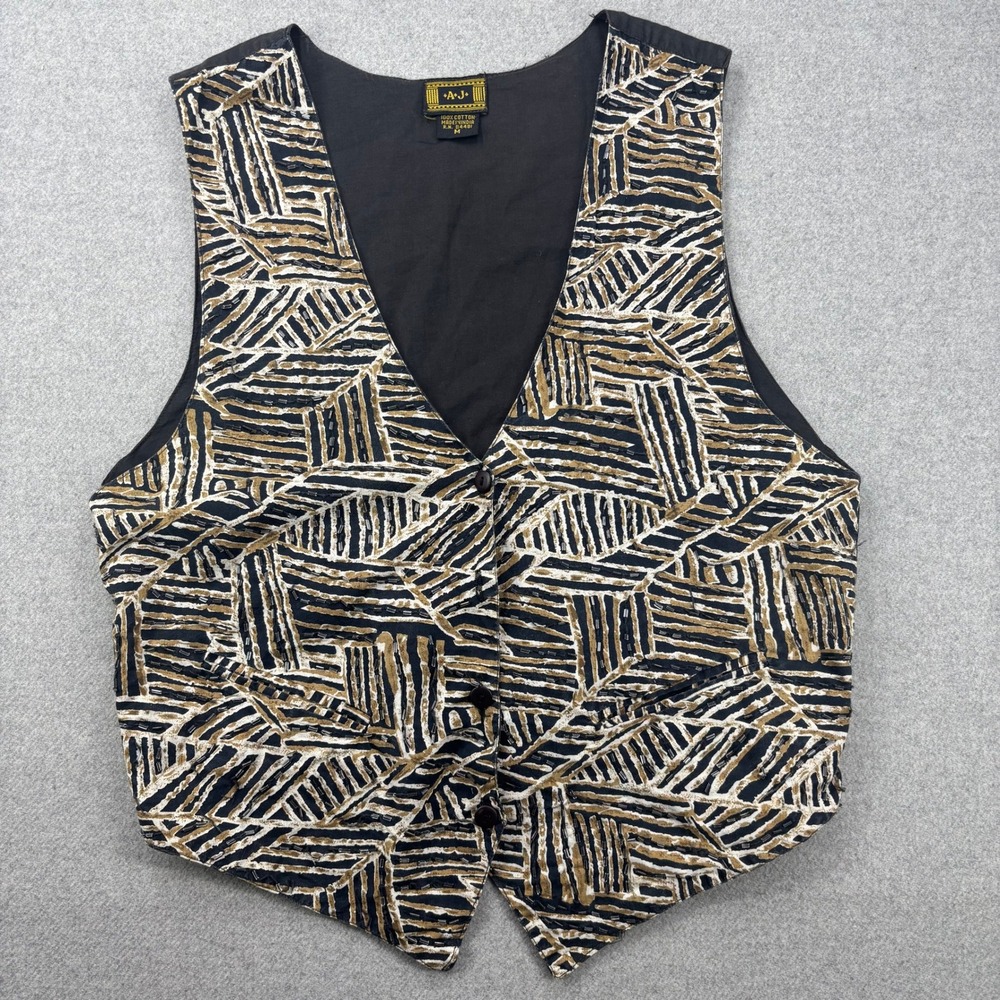Vintage 80s AJ Vest Womens M Black Abstract Geometric Beaded Artsy Boho Global